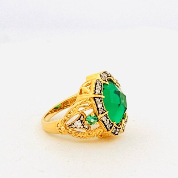Estate Gold Over Sterling Silver Emerald & CZ Statement Ring, Size 6, 6.82g, Fil - Picture 2 of 10